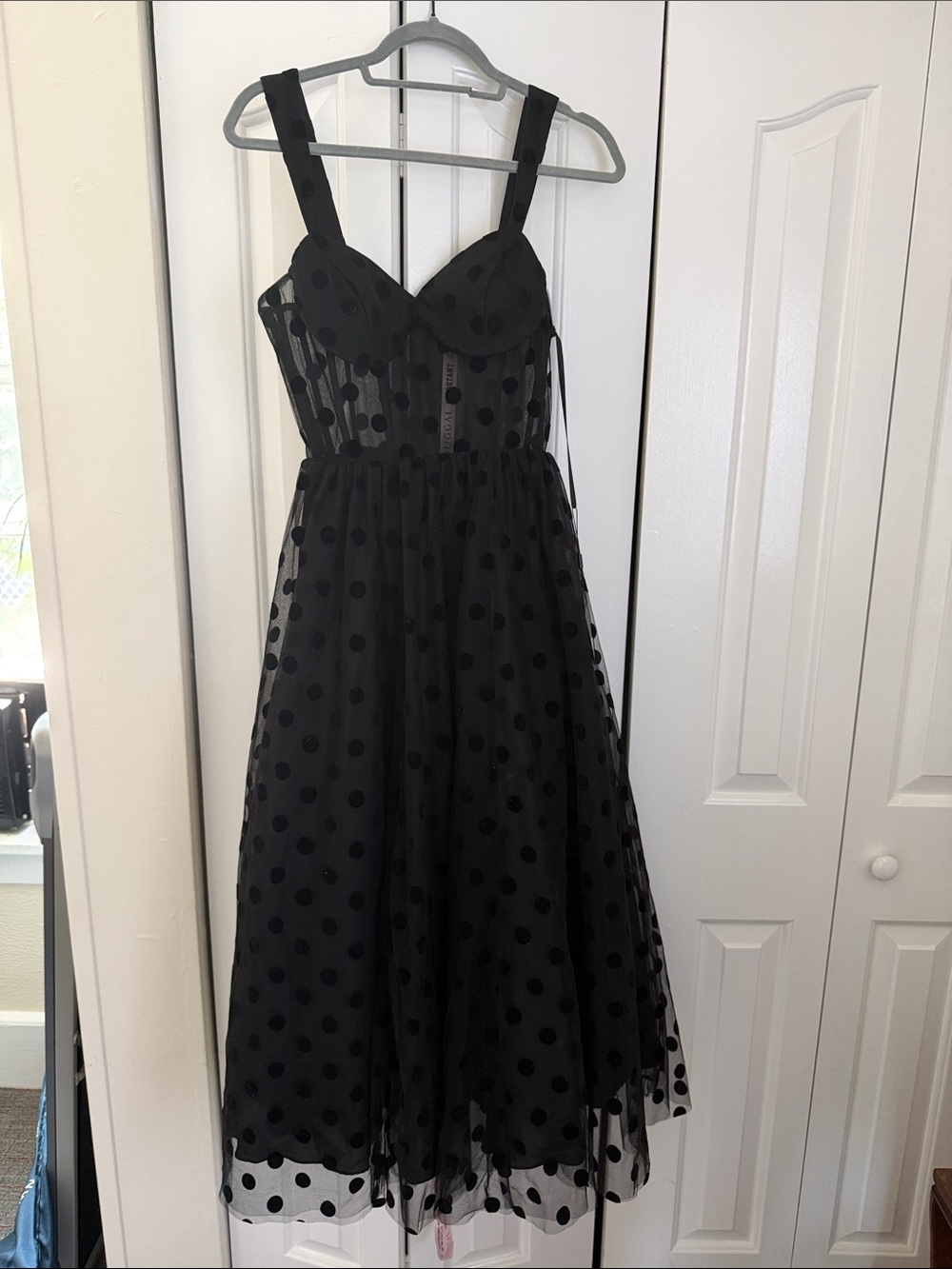 Mac Duggal Black Polka Dot Tulle Midi Dress NWT - Picture 3 of 5